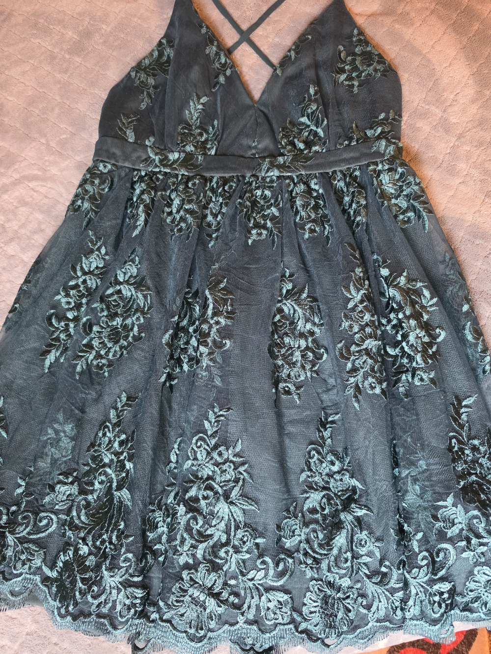 Lulus Emerald Green Lace Backless Skater Dress M - Holiday Party Cocktail - Picture 8 of 16